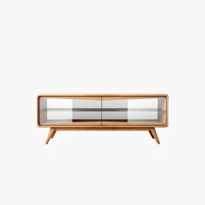 Modern Wooden TV Stand with Sliding Glass Doors