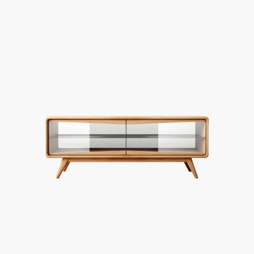 Modern Wooden TV Stand with Sliding Glass Doors
